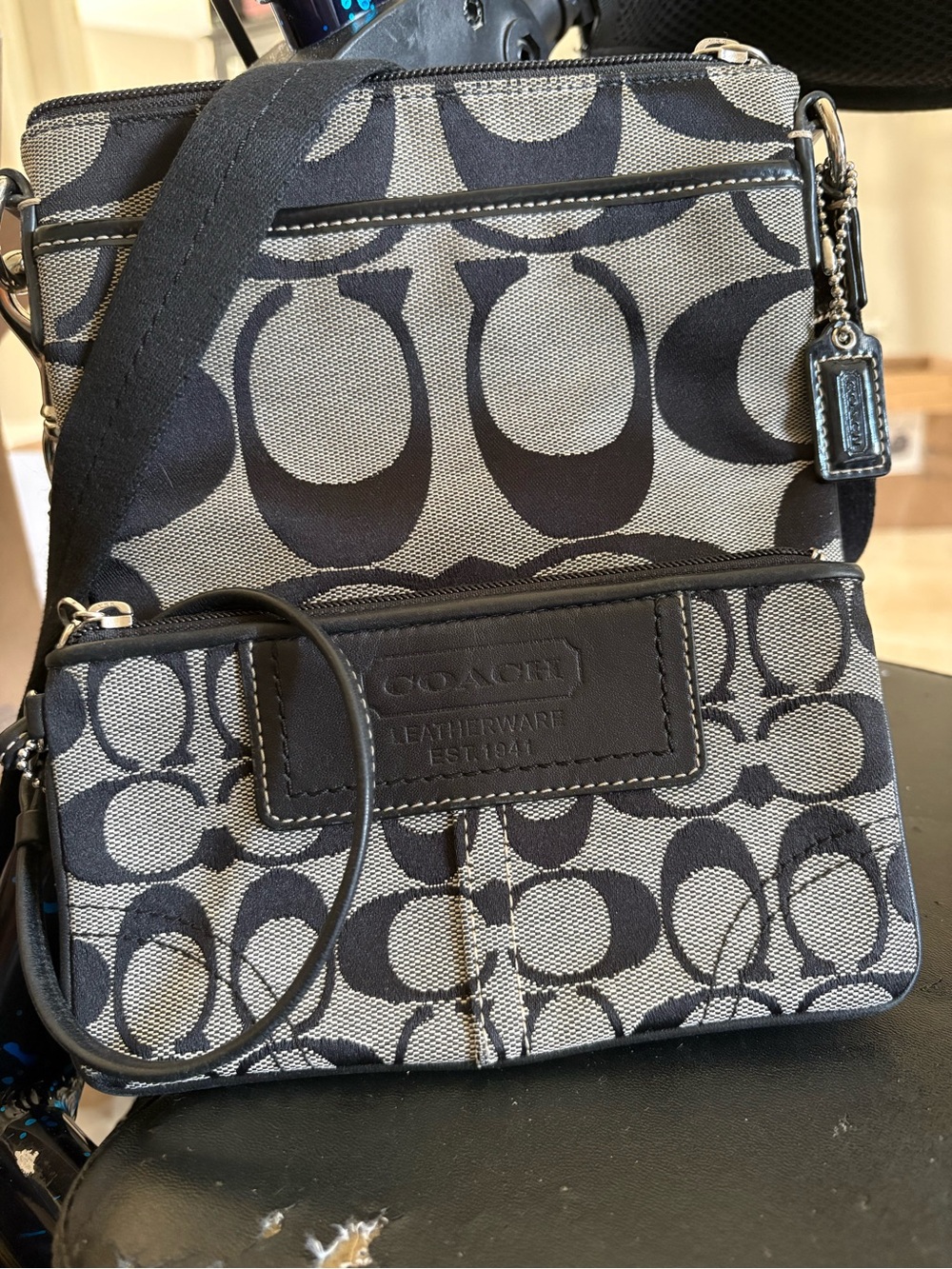 Coach Black and Cream Signature Canvas Crossbody Pouch Set